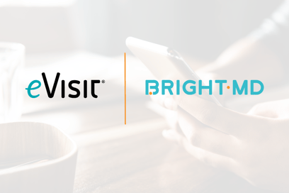 This is a co-branded image with the eVisit and Bright.md logos with a shaded background image of a person using a mobile device. 