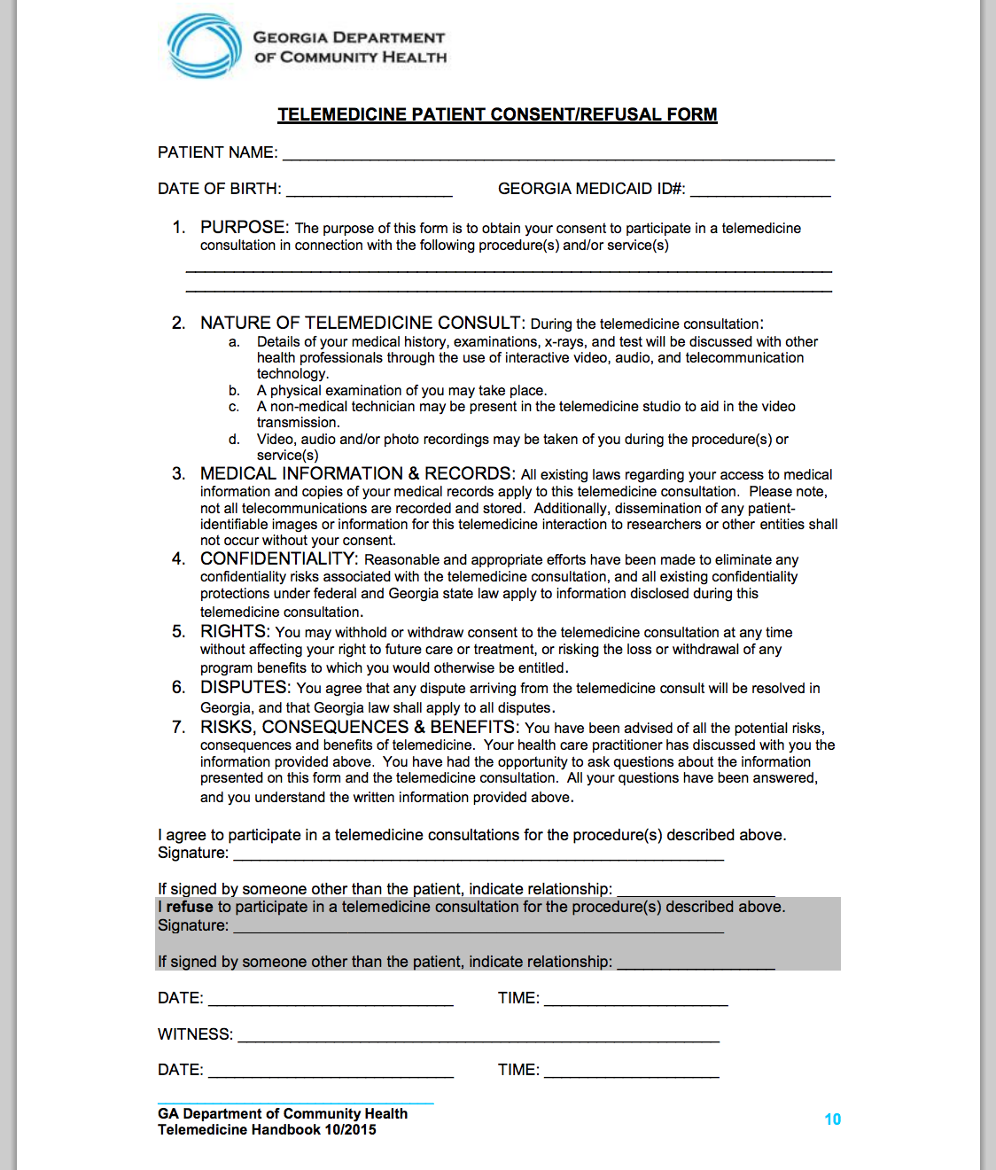 Georgia Medicaid Telemedicine patient consent form